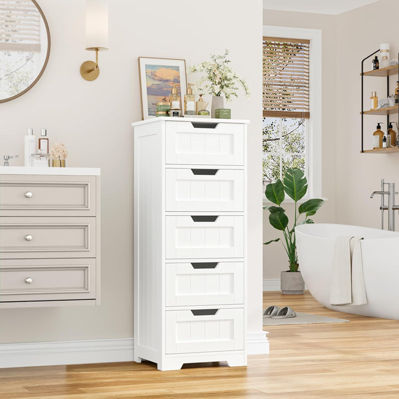 Bathroom Cabinet, Bathroom Storage Cabinet With 5 Drawers, Wooden Storage Cabinets With Cut-Out Handles, 11.8” X 15.7” X 40.1” Bathrooms Floor Cabinets For Hallway/Living Room