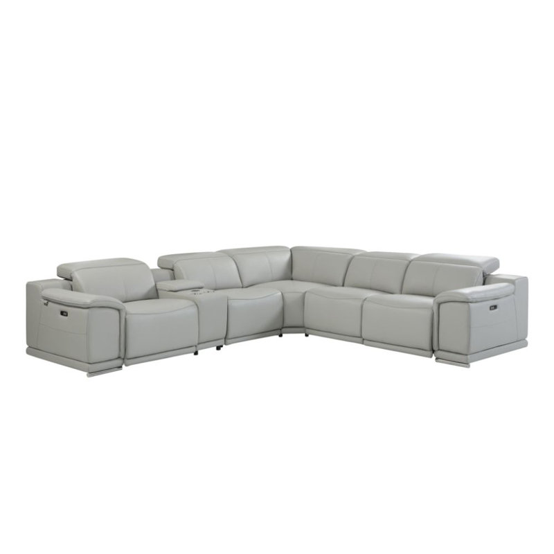 Italian Leather Power Reclining U Shaped Six Piece Corner Sectional With Console, Light Gray Top Grain Leather