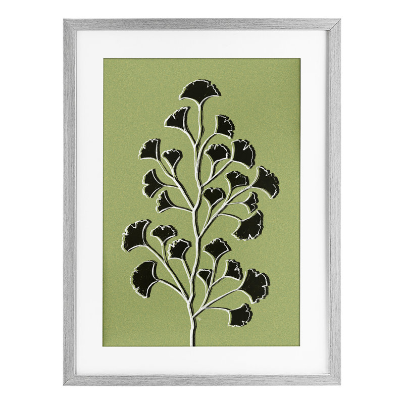 «Lime Gingko Sprig», reproduction encadrée sous verre, design par Martina Pavlova, Cadre de ferme gris, H 20 po x l 14 po