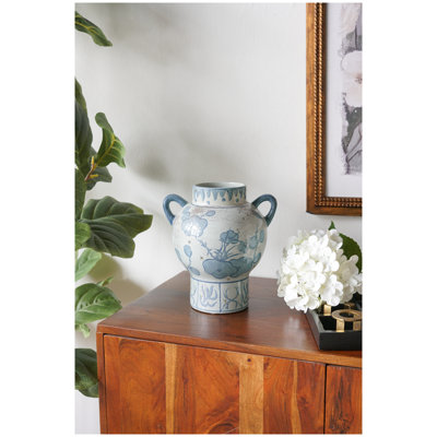 Blue and White Ceramic Vase with Abstract Floral Pattern and Twin Handles
