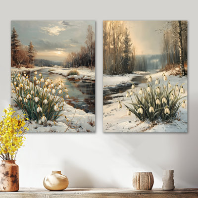 Winter Snowdrops Flowers by the Lake I - Ensemble de 2 décorations murales en métal jardin blanc