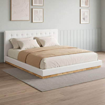 Wood Platform Bed with Upholstered Headboard