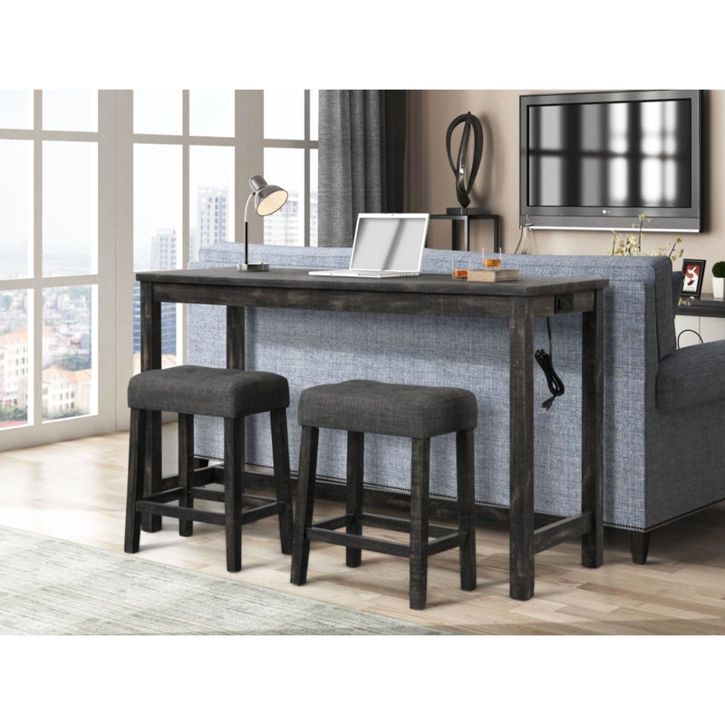 Table de salle à manger 3 pièces pour comptoir - table en bois massif avec prises électriques et ports, sièges, noir anthracite, look rustique et transitionnel, table de 60 pouces, sièges 2, rectangulaire, style design, 2