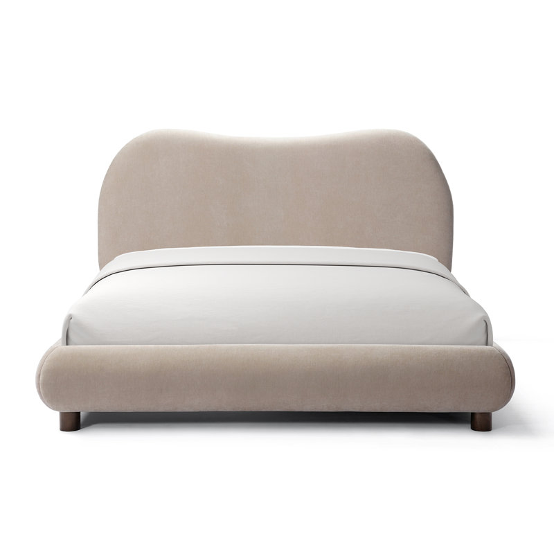 Mallow Upholstered Platform Bed, Solid Wood Leg with Curved Headboard
