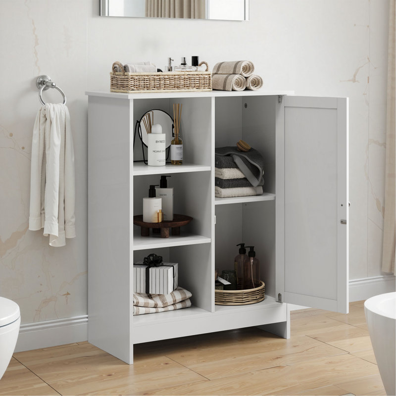 Armoire de salle de bain, support de rangement autoportant pour la cuisine, armoire de rangement au sol 23,62 po x 11,81 po x 31,5 po avec 1 armoire, 3 compartiments ouverts, tablettes réglables