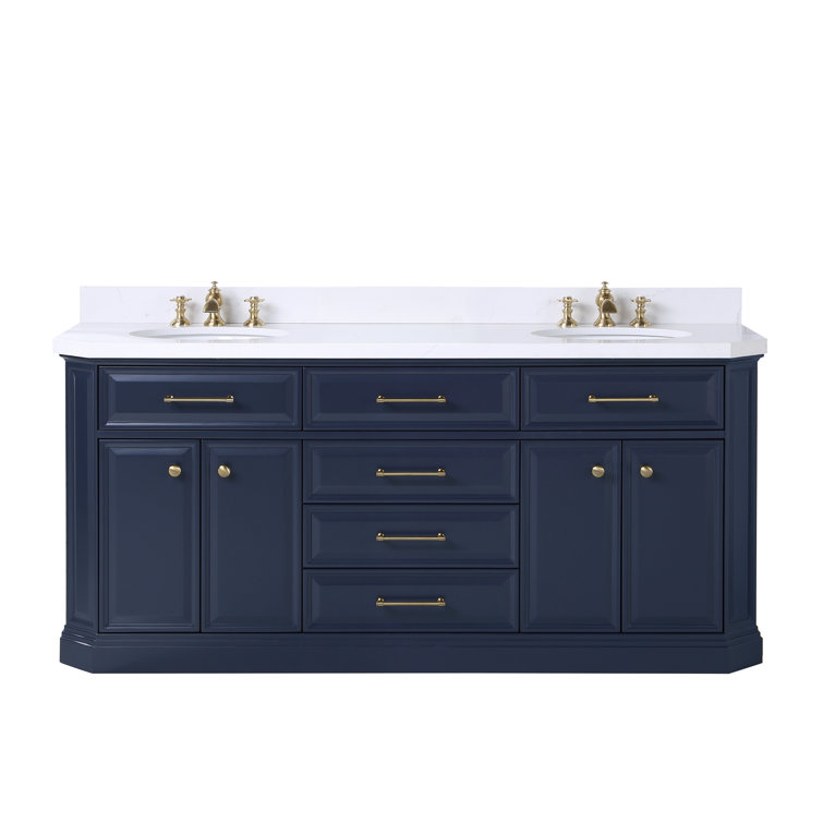 Palace 72 In. Double Sink White Quartz Countertop Vanity In Monarch Blue With Waterfall Faucets