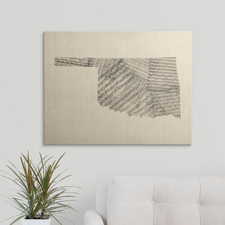 «Francy Old Part Music Map of Oklahoma» par Aniesha, impression sur toile, H 36 po x l 48 po x P 1,5 po, Toile