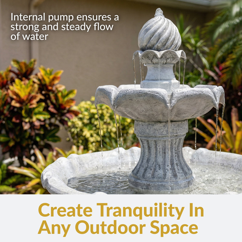 Arcade Polyresin 2-Tier Solar Fountain with Battery Backup - White, White