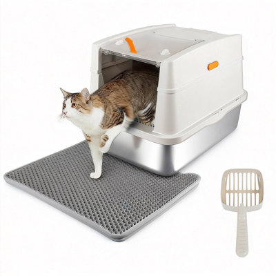 Stainless Steel Enclosed Cat Litter Box with Flip Lid, XL Extra Large Litter Box for Easy Clean & Non-Sticky, Anti-Leakage,Includes Cat Litter Scoop, Beige