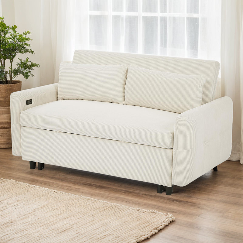 Modern 57" Pull-Out Sleeper Sofa Bed – Convertible 2-Seater Loveseat With USB Ports & Throw Pillows, Beige