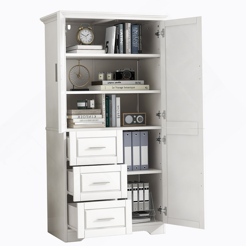 Armoire de rangement haute et large avec portes et trois tiroirs, idéale pour l'organisation et le rangement de la salle de bain ou du bureau