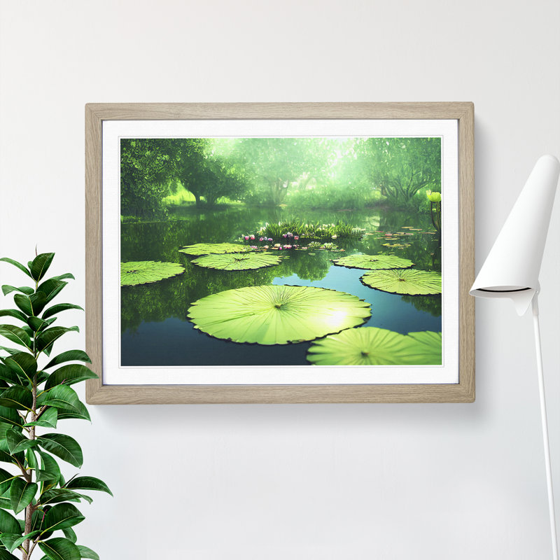 Blissful Water Lily Pond - Single Picture Frame Print, Oak, 46cm H x 64cm W x 2cm D