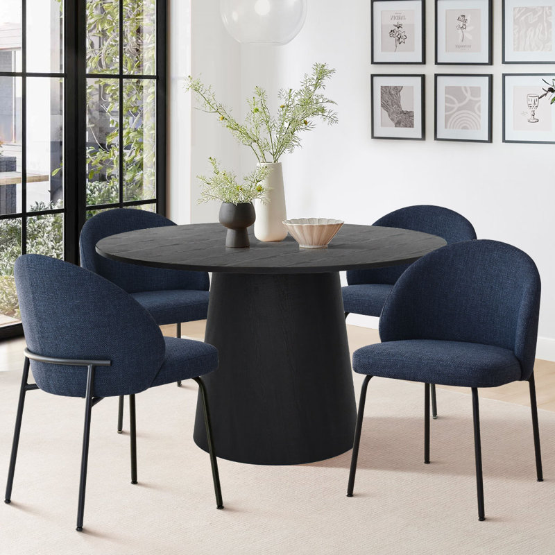 5-Piece Round Dining Table Set For 4 With Upholstered Chairs, 46" Pedestal Kitchen Table Set, Blue