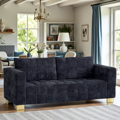 Boneless FX-P54-BK2 (SOFA YF0251-23)Contemporary Black Chenille Couch, Deep-Seat 3-Person Sofa With Wide Armrests & Block Legs Soft Upholstered Sofa For Living Room