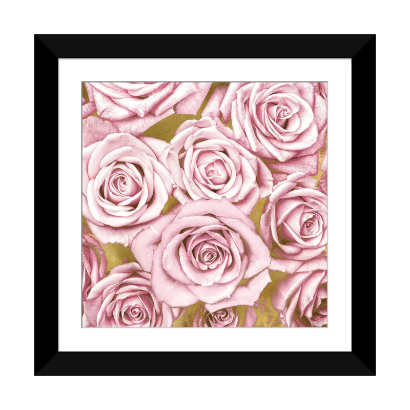 «Pink Roses on Gold», impression sur toile, H 16 po x l 16 po x P 1 po, Papier d'art encadré noir, Blanc