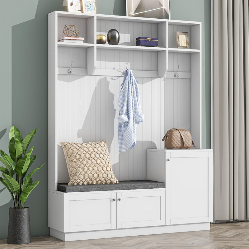 Juilo Hall Tree 59'' Wide with Bench and Shoe Storage, White