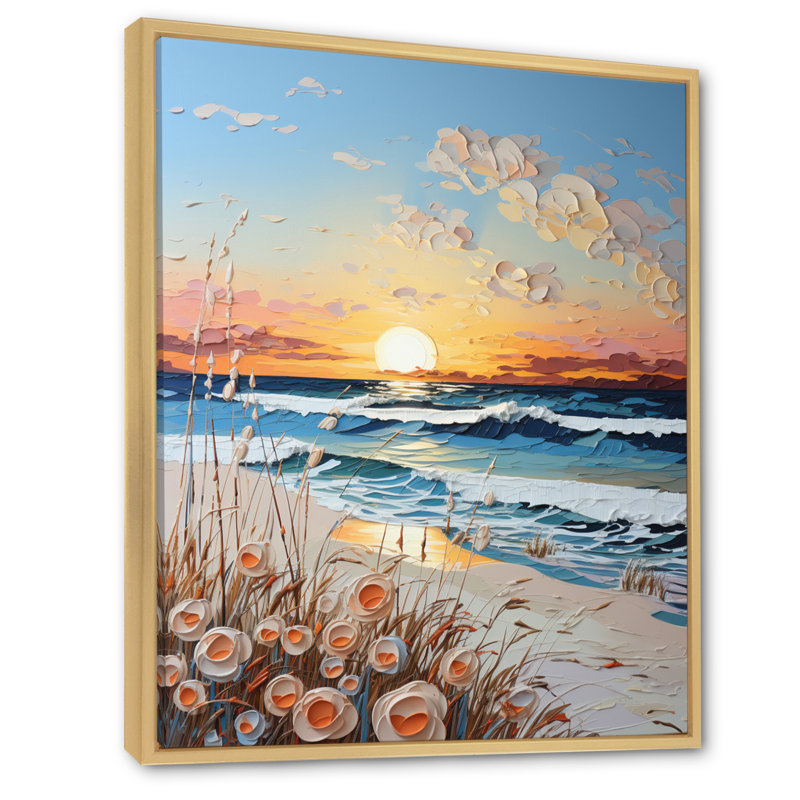 «Beach Sunkissed Sands Pointillism V», reproduction sur toile, H 44 po x l 34 po x P 1,5 po, Cadre flottant brun