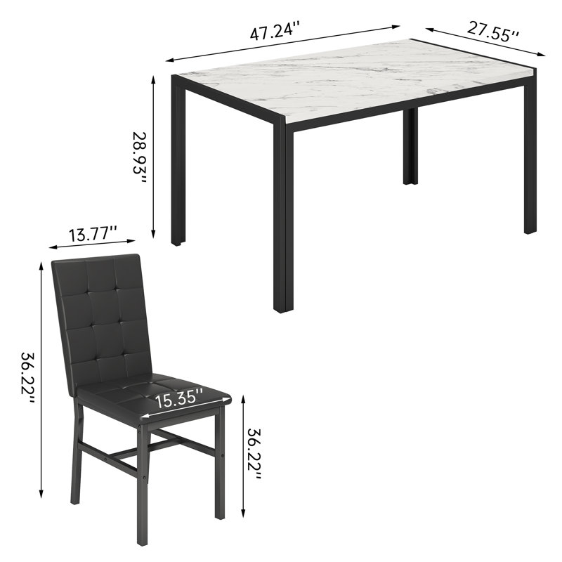 Ensemble de table de salle à manger pour 4 personnes, ensemble de table de salle à manger et de chaises en faux marbre pour 4, 5 pièces de salle à manger avec 4 chaises rembourrées à motif quadrillé pour petits espaces, salle à manger, cuisine, 