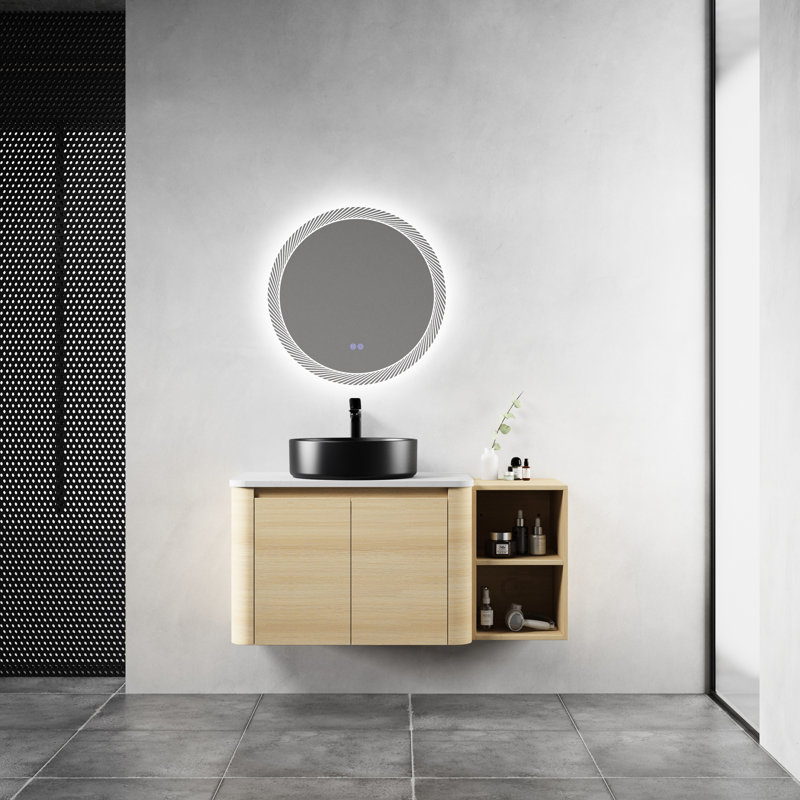 Meuble-lavabo mural de 107 cm avec lavabo en céramique artistique, 1 tablette de rangement et 45 poignées dissimulées. Expérience de salle de bain confortable. Matériau résistant aux égratignures et à l'eau pour les salles de bain.