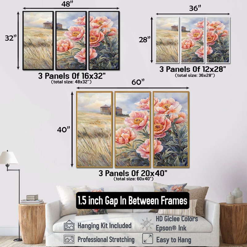 Fermes de pivoines dans le champ de céréales I - ensemble de pivoines - ensemble de 3, H 28 po x l 36 po, Argent argent