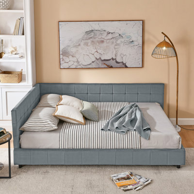 Queen Size Upholstered Tufted Bed Frame, Sofa Bed With Comfortable Backrest And Armrests For Bedroom And Living Room