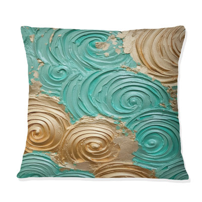 Teal Gold Surreal Spirals II - Abstract Spirals Printed Throw Pillow