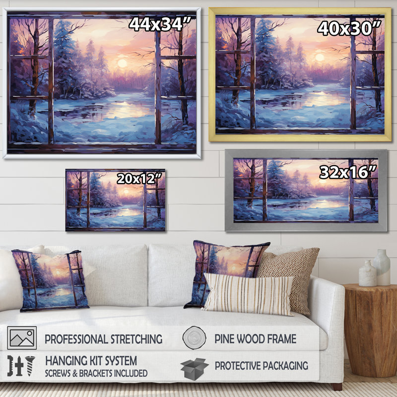 «Purple River Winter Windows II - Winter Landscape», art mural, Cadre flottant doré, H 12 po x l 20 po x P 1 po