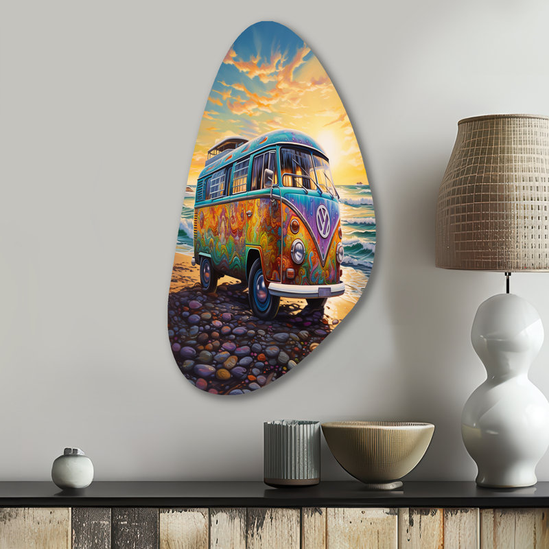 «Magic Hippie Bus On The Beach - Car Van Fall Shape», art mural en métal asymétrique, H 31 po x l 17 po