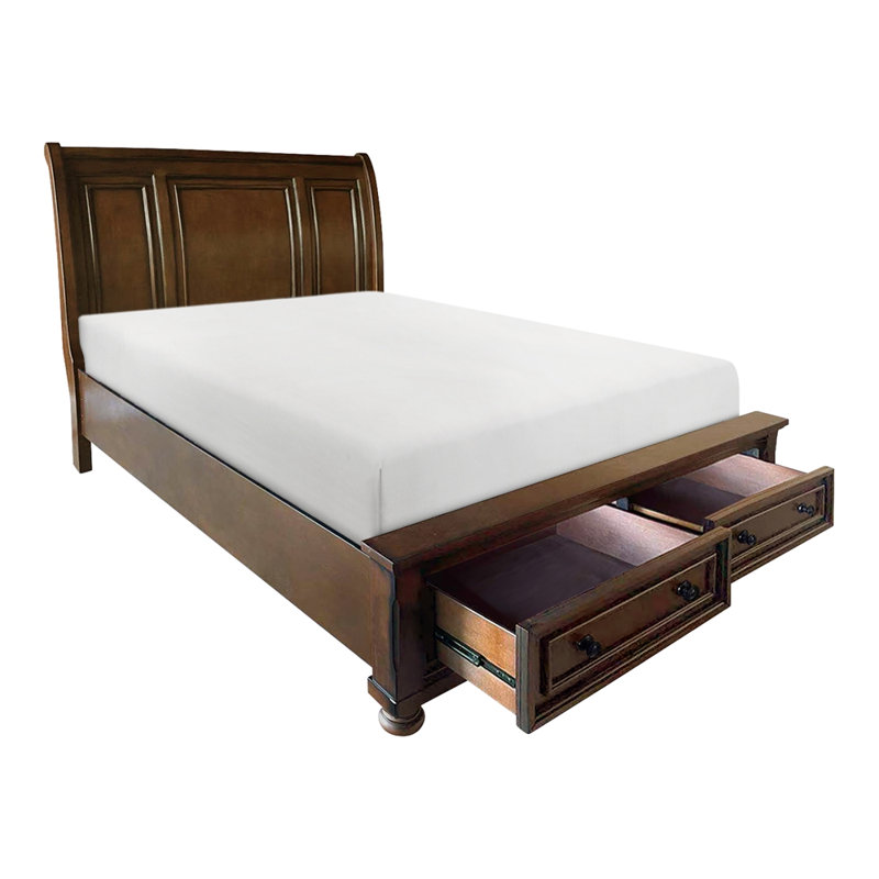 Lit plateforme traditionnel Queen avec tête de lit traîneau, finition cerisier brun, rangement au pied de lit, mobilier de chambre classique (1 pièce)