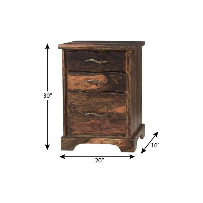 Classeur à trois tiroirs en bois massif brun foncé de 76 cm (30 po) avec rebords naturels