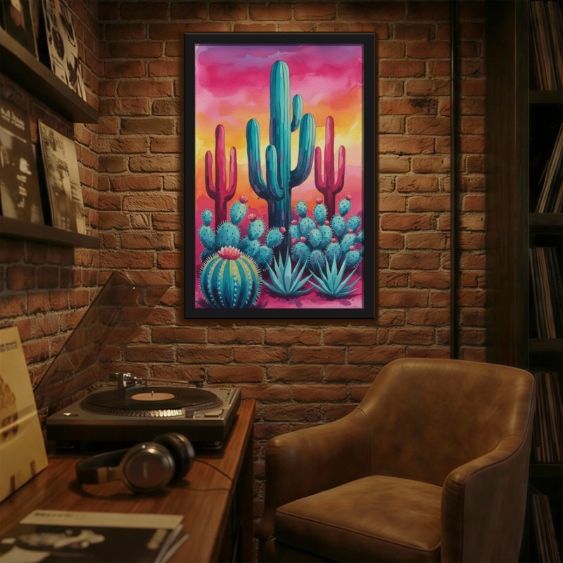 «Plants & Flowers Colorful Cactus Desert Sunset Landscape», reproduction d'art, H 18 po x l 12 po