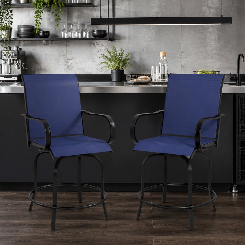Tabourets de bar d'extérieur avec accoudoirs, ensemble de 2 chaises de patio pivotantes à 360 °, Bleu