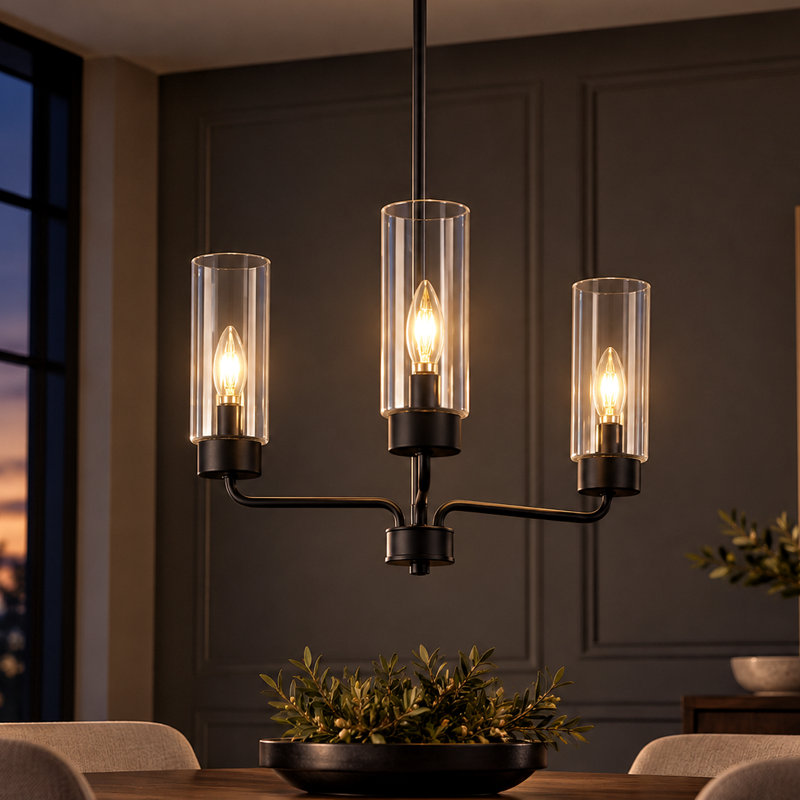 Lustre cylindrique moderne en verre à 3 lumières avec variateur, Noir
