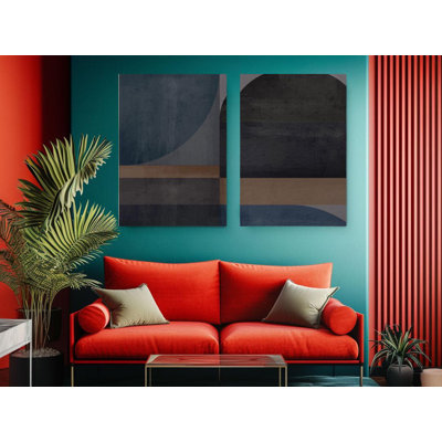 Reproduction d'art abstrait sur toile, ensemble de 2, art mural géométrique moderne pour le salon, décor minimaliste bleu marine, brun foncé, œuvre d'art de grande chambre à coucher, reproduction de peinture