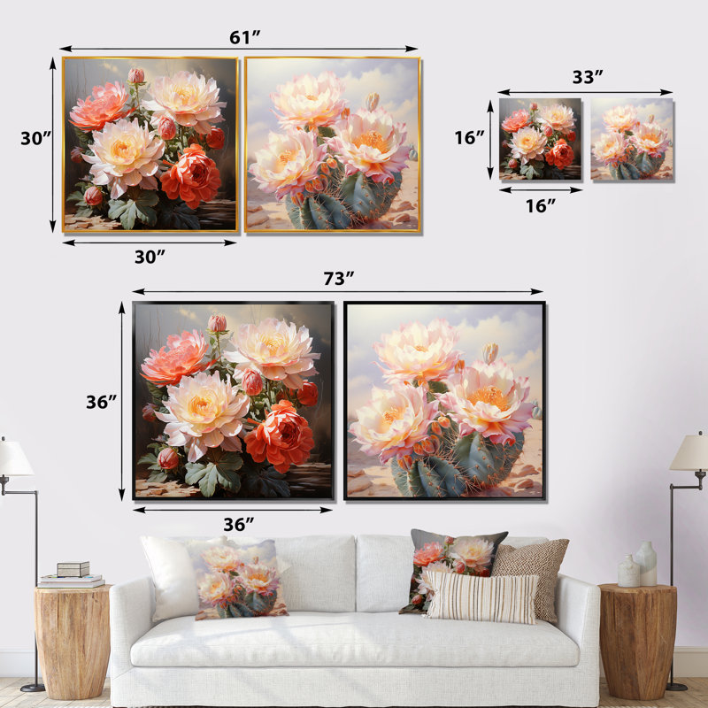 Ensemble de 2 hameçons délicats délicates roses et vertes Cactus, Cadre flottant noir, H 16 po x l 33 po