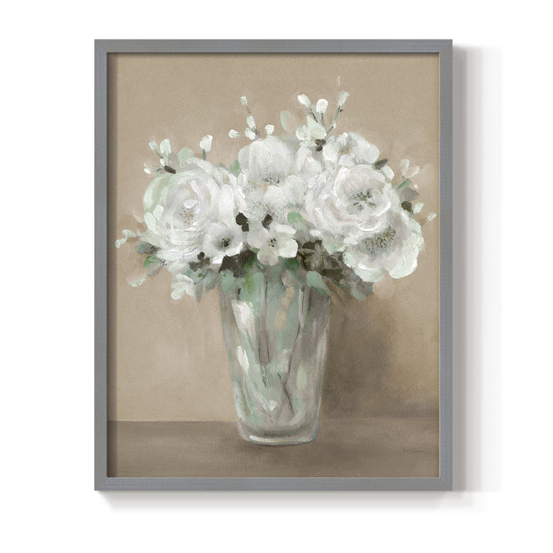 Reproduction encadrée de fleurs blanches - bois massif, Gris, H 11 po x l 9 po