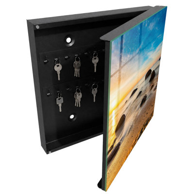 Decorative key box for wall, Opens to the right, 30x30x5, White, Sunset over the sea with stones, 