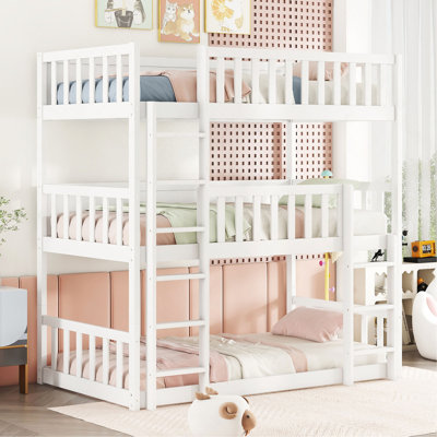 Triple lit superposé en bois d'hévéa, avec échelles, lit superposé détachable et garde-corps