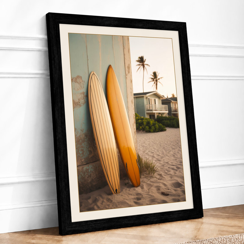 Surfboards on Turquoise Coastal - Framed Print, A2 - 59.4 x 42.0 cm, Black