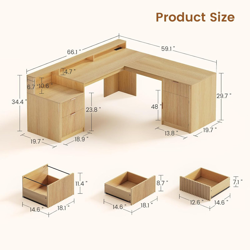 Ilana L-Shaped Computer Desk with Power Outlet, Oak