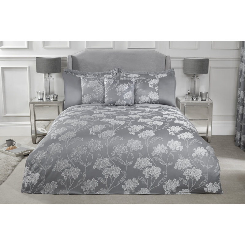 Blossom Satin Floral Bedding with Pillowcases, Silver, Super King