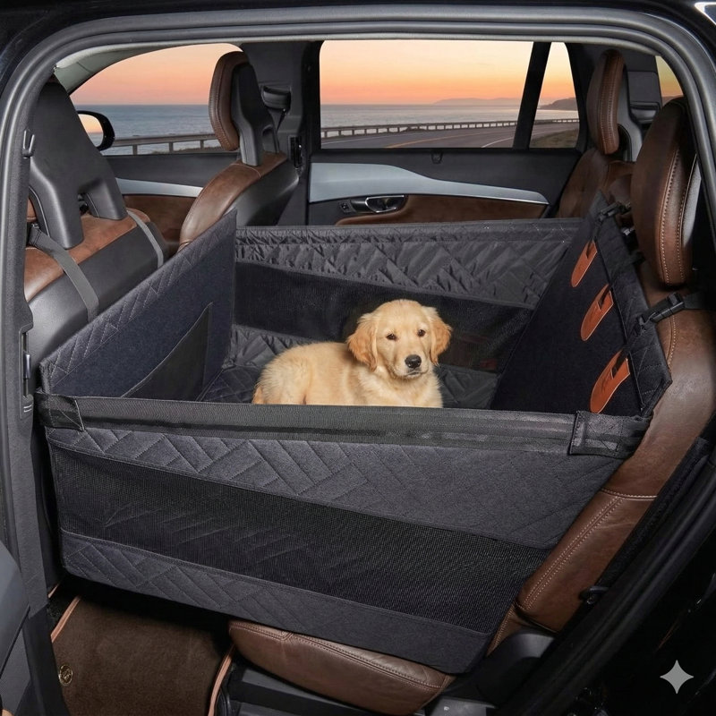 Système de siège d'auto canin surdimensionné comprenant une extension de siège arrière pour chiens, une housse de siège imperméable de taille moyenne pour le compartiment arrière, un lit de voyage pour animaux de compagnie avec configuration hamac, de couleur noire, de grande taille.