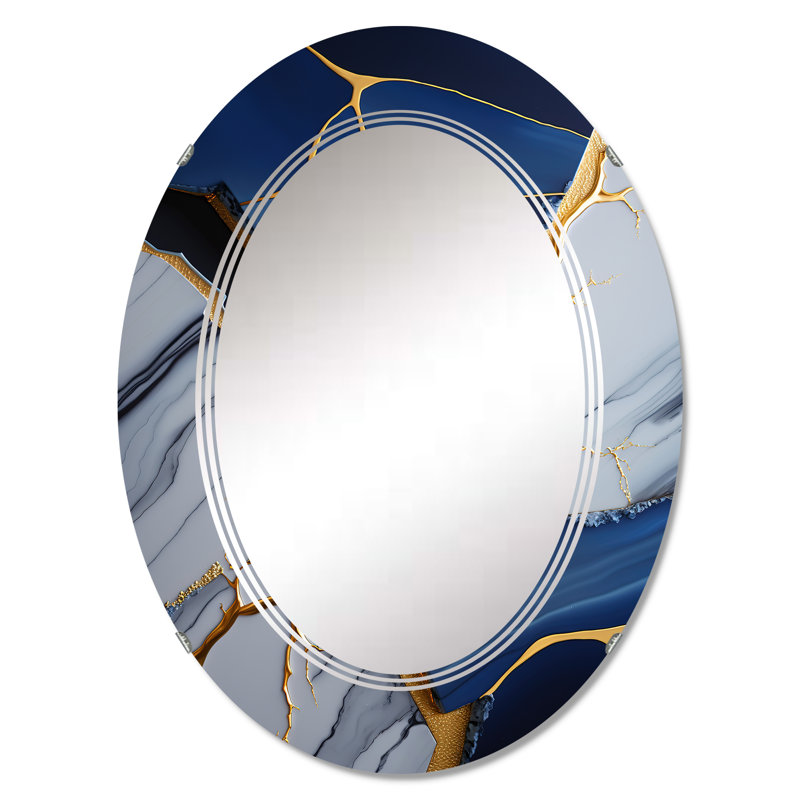 Rahshan - Géode abstraite bleue I - Miroir mural abstrait en marbre, 36 po x 24 po