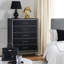 Commode haute Zoe, ébène moderne noir et argent, 5 tiroirs