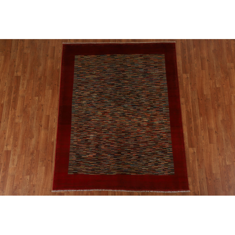 Tapis brun / rouge en laine noué à la main de conception unique 5 pi 1 po x 6 pi 5 po New Age