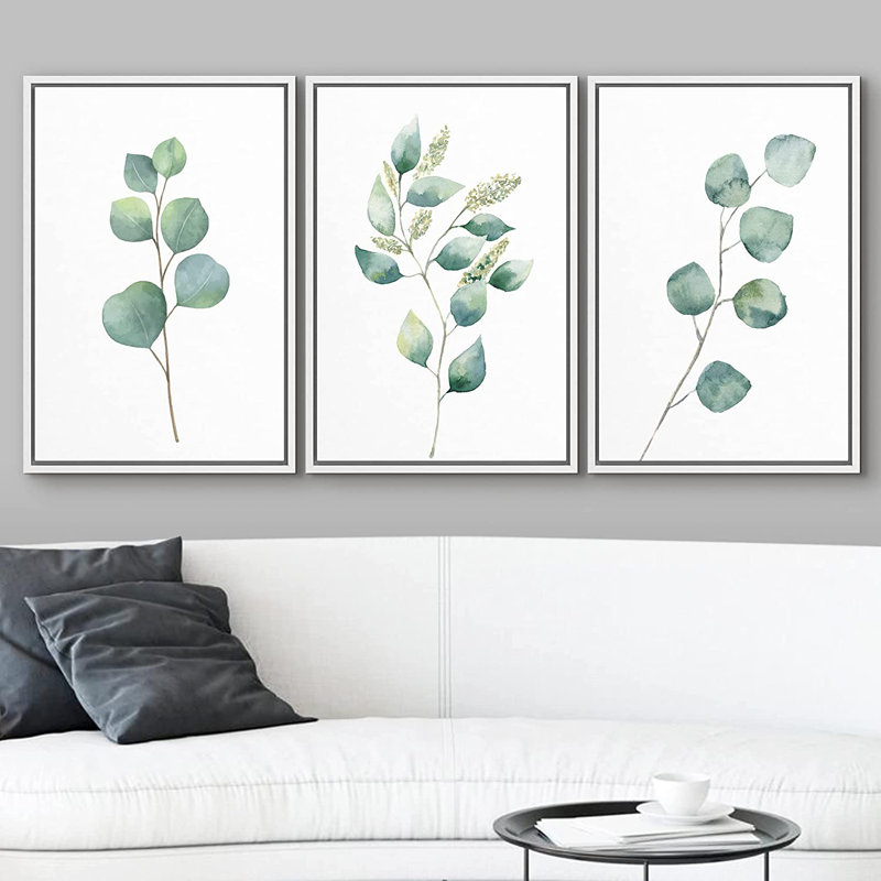 Minimal Botanical " IDEA4WALL Canvas Print Wall Art Set Green Watercolor Forest Leaf Collage Nature Floral Illustrations Realism Rustic Scenic Colorful Wilderness for Living Room, Bedroom, Office " 3 Piece Art Print