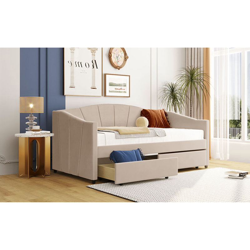 Upholstered daybed Twin Size with Two Drawers and Wood Slat, Beige