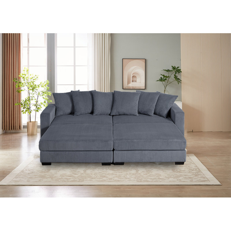 101"W Corduroy Sofa Bed With 2 Ottomans, Dark Gray