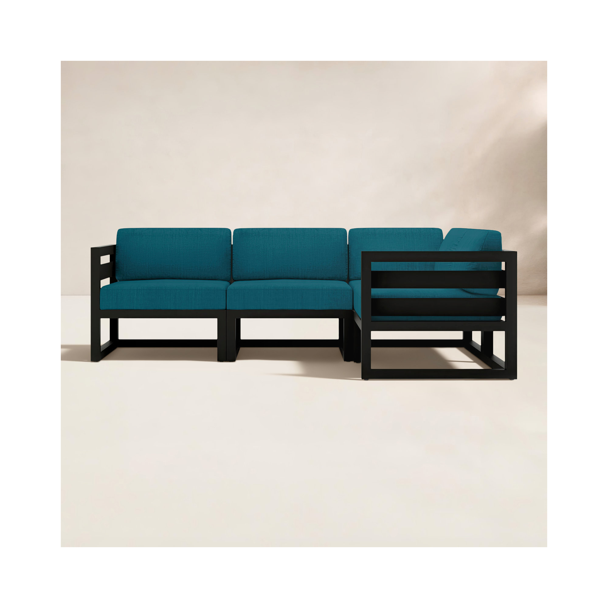 Smith 94" Outdoor Sectional with Sunbrella Cushions, Spectrum Peacock, Black
