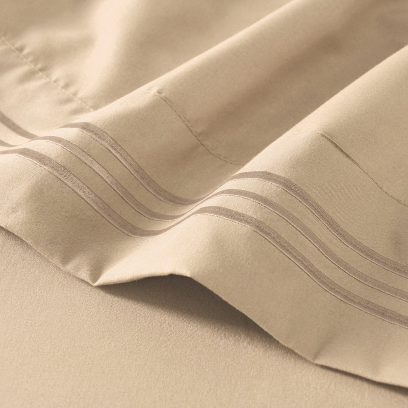 4/6 Pcs Soft Solid & Embroidery Bed Sheets Set, Beige, Twin